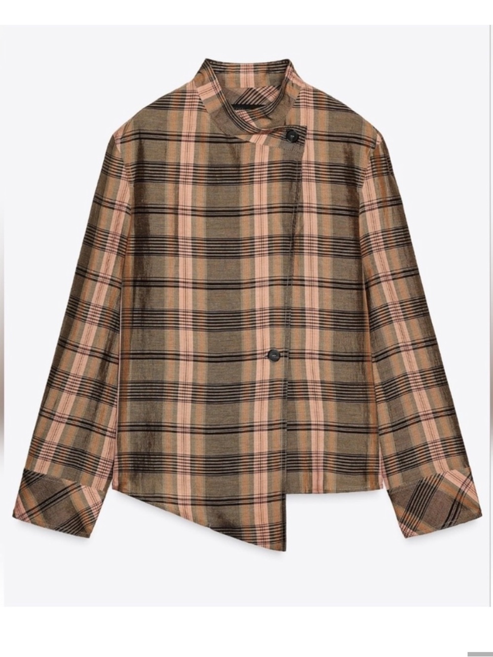 Linen Blend Zara Oversized Plaid Jacket in Brown L